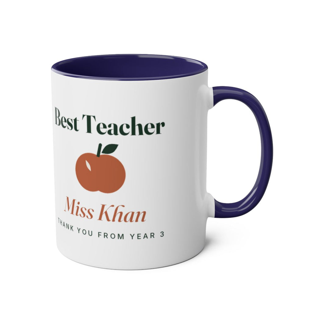 'Best Teacher' two-tone mug mock-up, dark blue inside, handle on the right, with the apple and sample name 'Miss Khan'