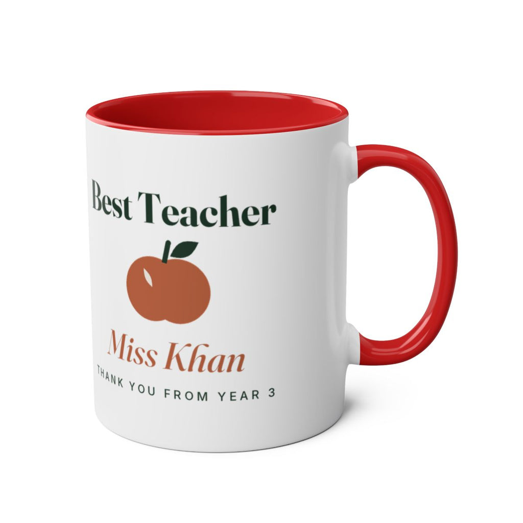 'Best Teacher' two-tone mug mock-up, red inside, handle on the right, apple, 'Miss Khan' and 'Thank you from Year 3'
