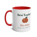 Personalised 'Best Teacher' two-tone mug mock-up, red inside and handle, an apple, 'Miss Khan' and 'Thank you from Year 3'