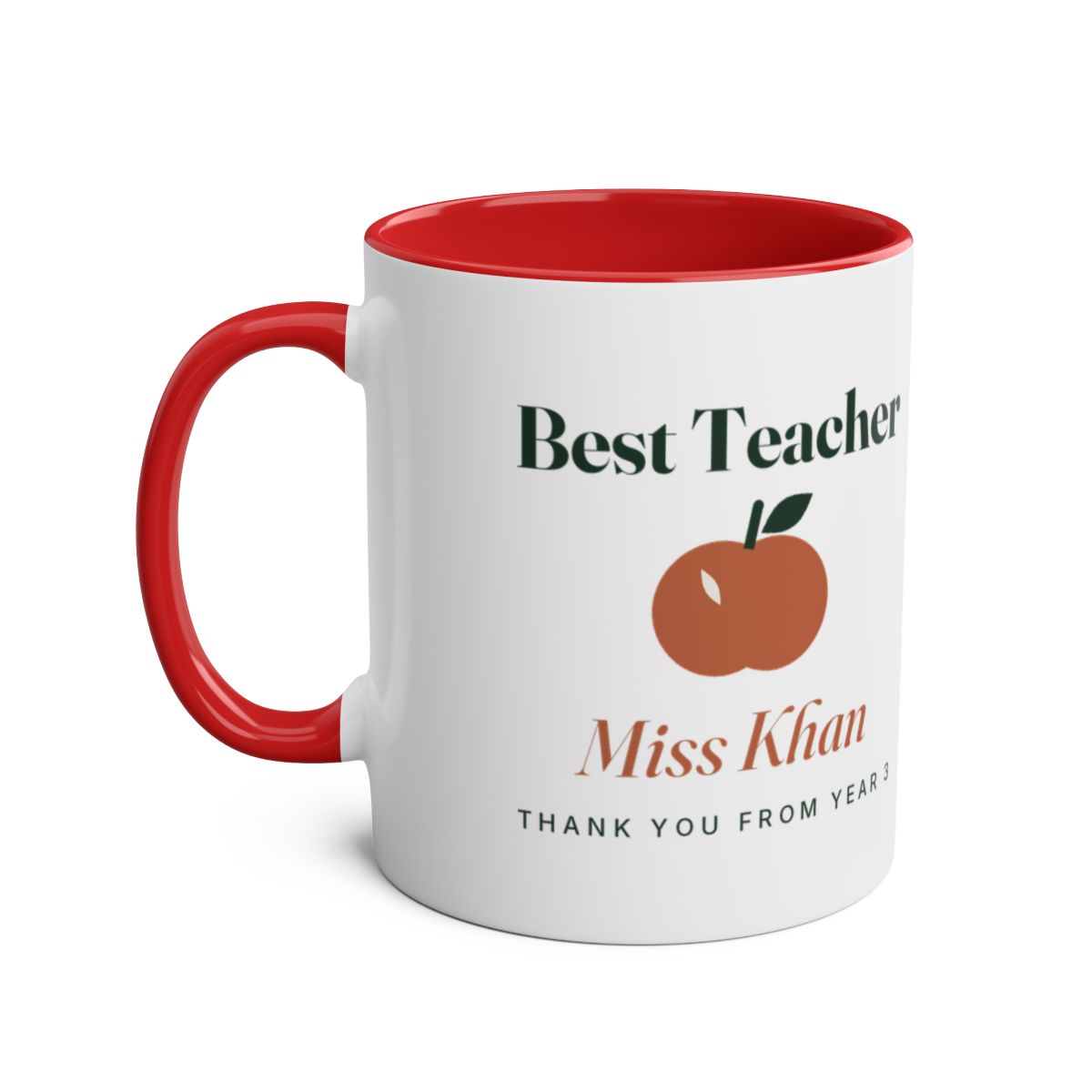 Personalised 'Best Teacher' two-tone mug mock-up, red inside and handle, an apple, 'Miss Khan' and 'Thank you from Year 3'