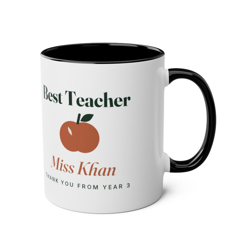 'Best Teacher' two-tone mug mock-up, black inside, handle on the right, apple, 'Miss Khan' and 'Thank you from Year 3'