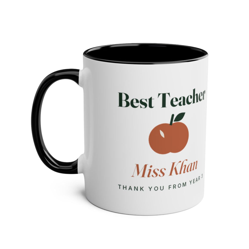 'Best Teacher' two-tone mug mock-up, black, handle on the left, apple, sample name 'Miss Khan' and 'Thank you from Year 3'