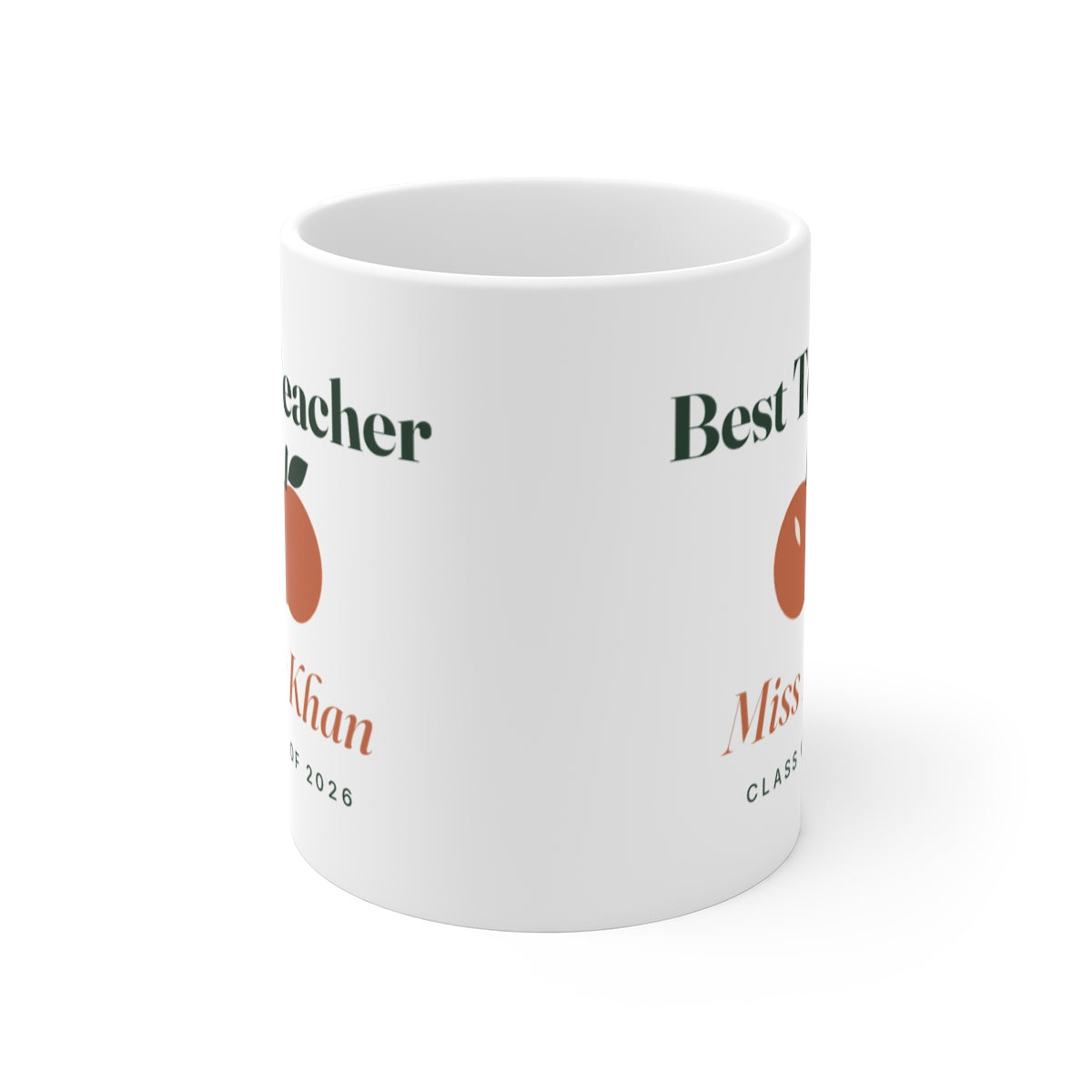 'Best Teacher' mug mock-up seen with the handle hidden behind, the apple and sample name 'Miss Khan' split across both sides