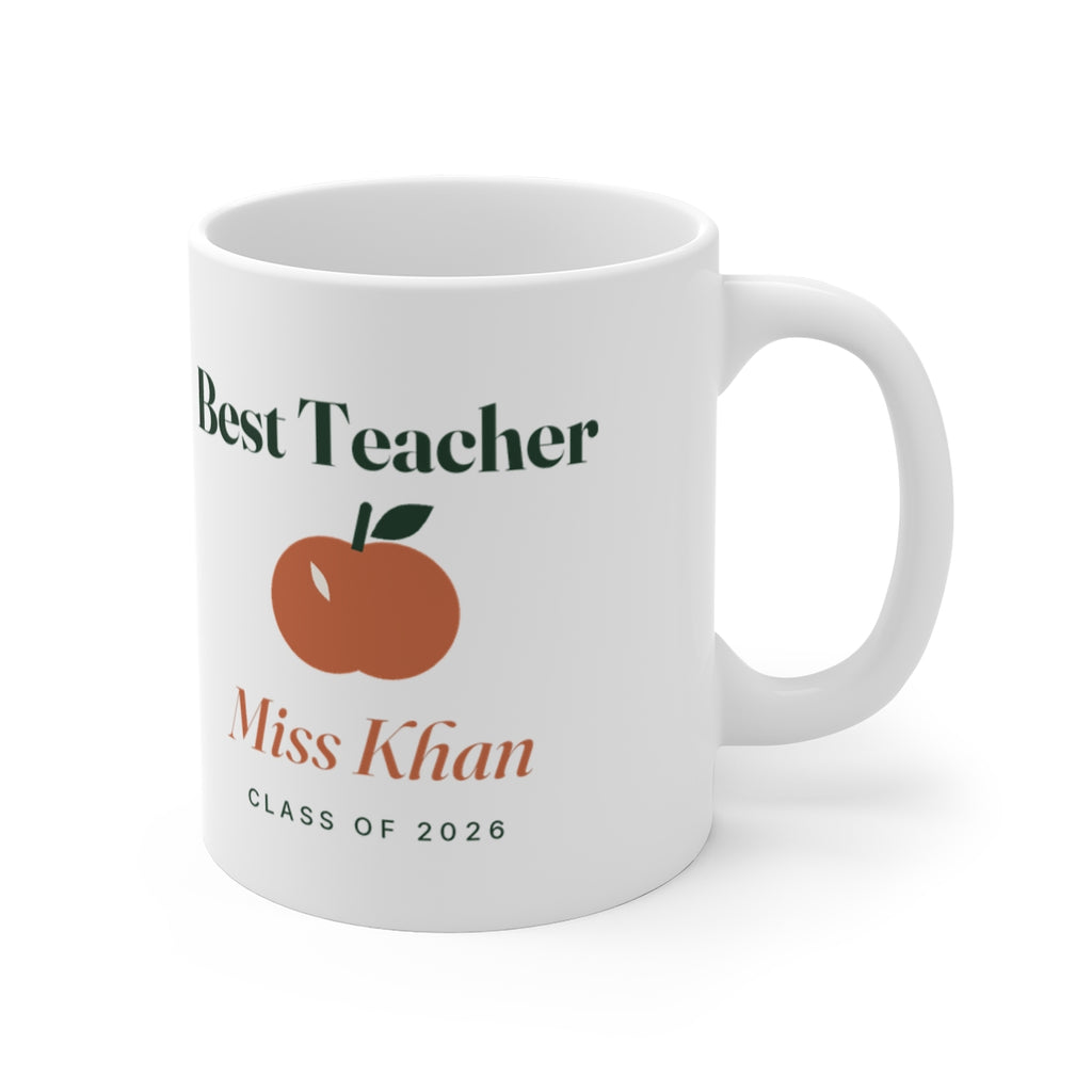 'Best Teacher' mug mock-up with the handle on the right, showing the apple, 'Miss Khan' and 'Class of 2026'