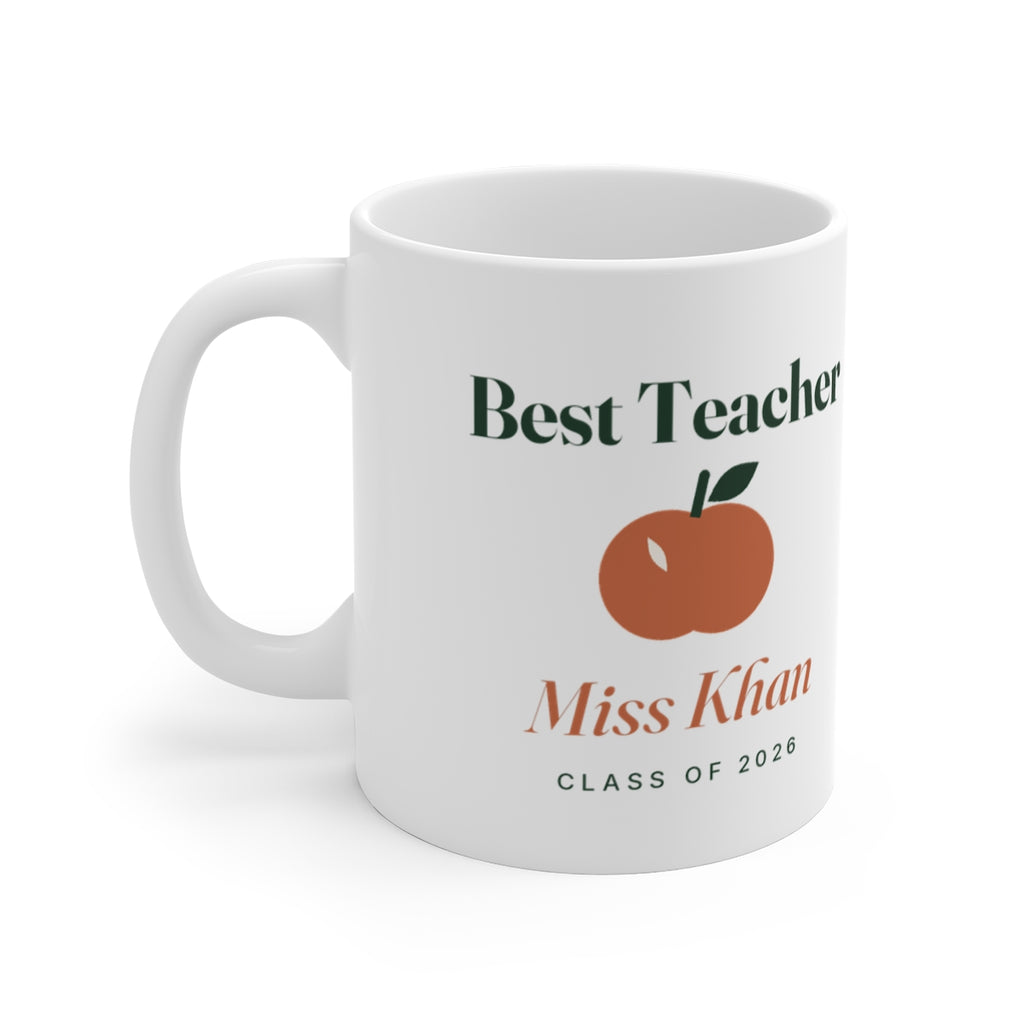 Personalised 'Best Teacher' mug mock-up, handle on the left, with an orange apple, 'Miss Khan' and 'Class of 2026'