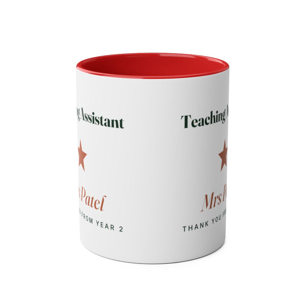 Red Teaching Assistant two-tone mug seen from the front, handle hidden, the star print showing partly on both sides
