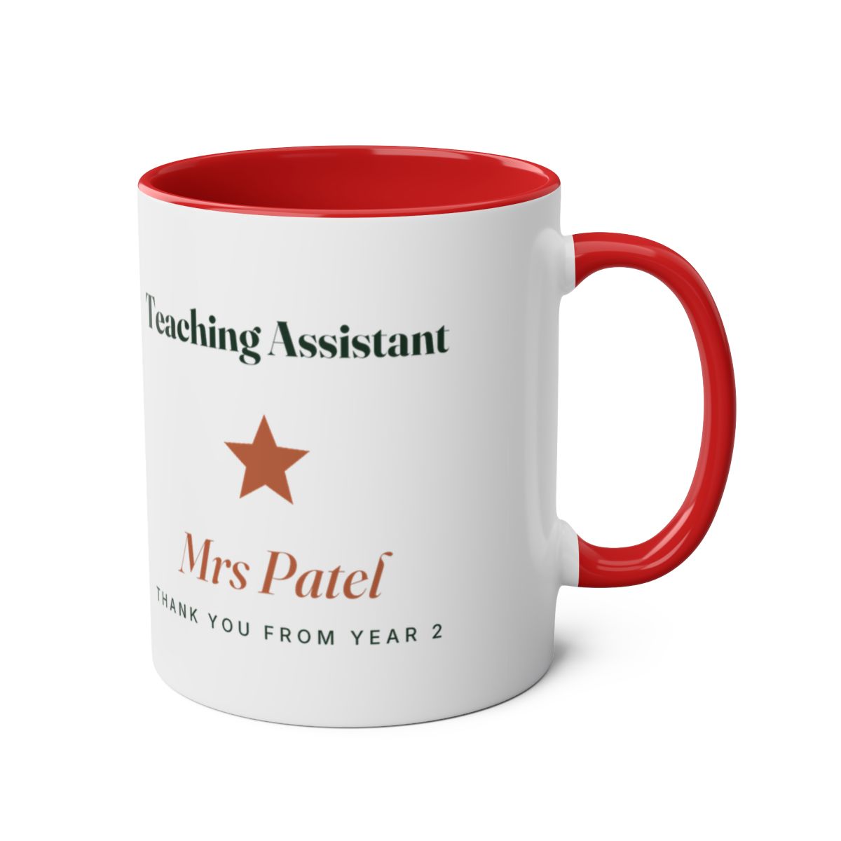 Teaching Assistant two-tone mug mock-up, red inside, handle on the right, star, 'Mrs Patel' and 'Thank you from Year 2'