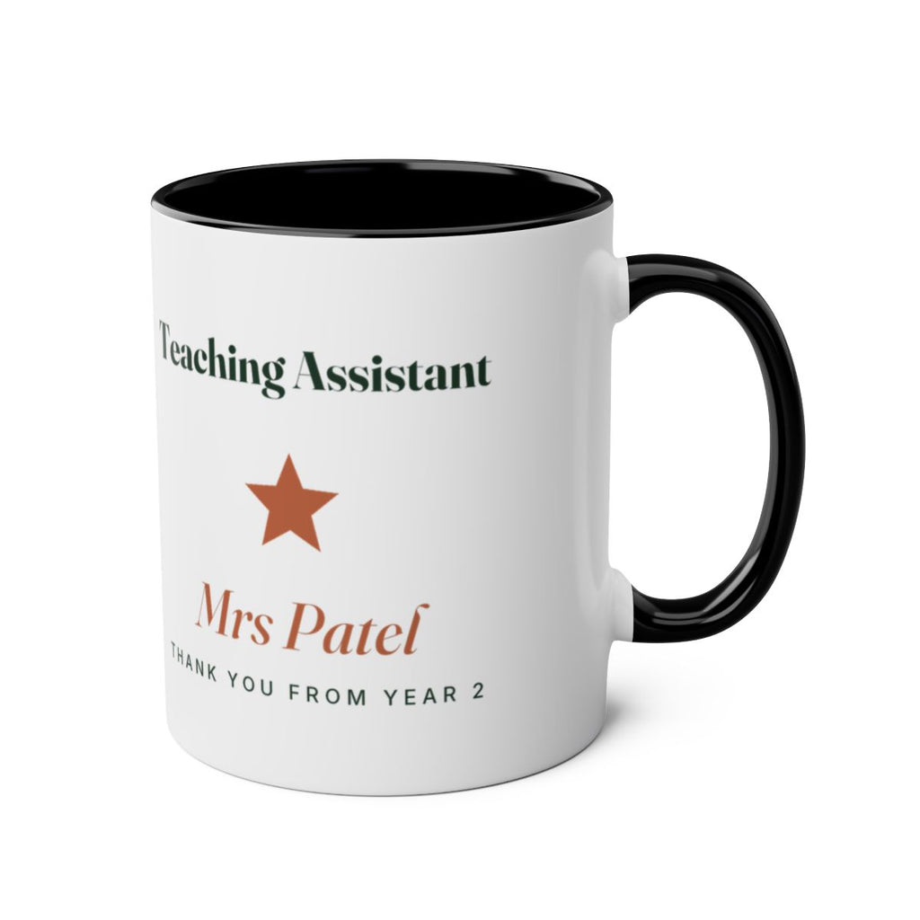 Teaching Assistant two-tone mug mock-up, black inside, handle on the right, star and sample name 'Mrs Patel'