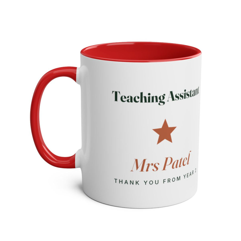 Personalised Teaching Assistant two-tone mug mock-up, red inside and handle, a star, 'Mrs Patel' and 'Thank you from Year 2'