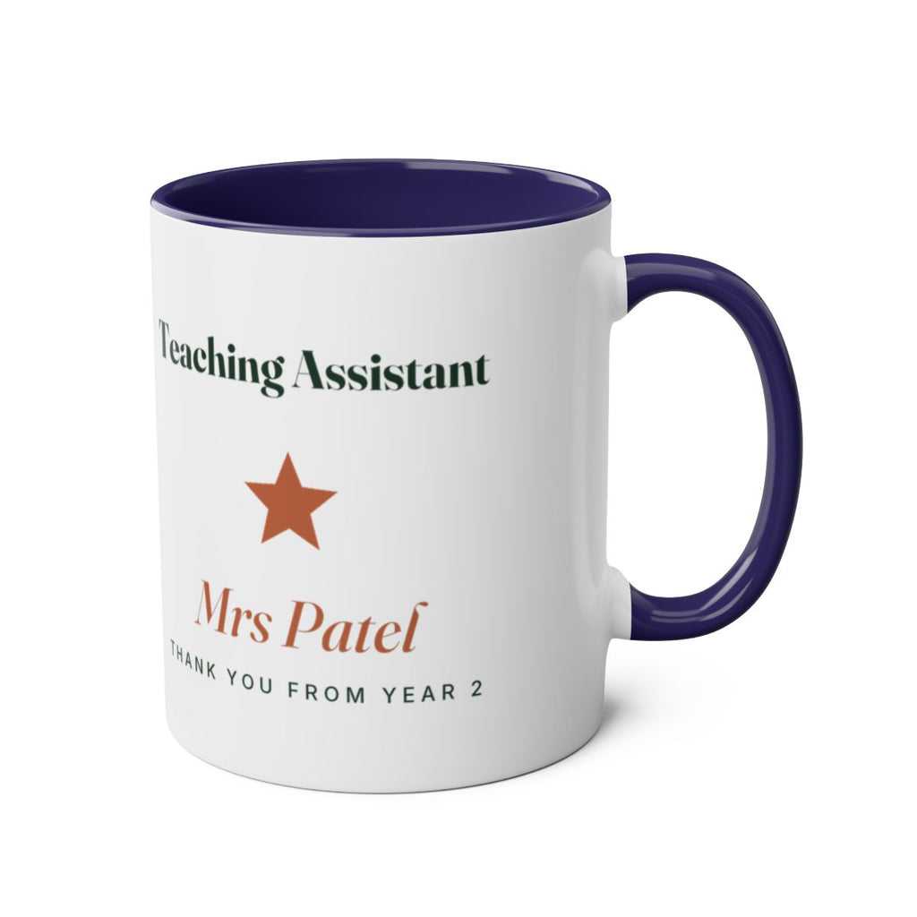 Teaching Assistant two-tone mug mock-up, dark blue inside, handle on the right, with the star and sample name 'Mrs Patel'