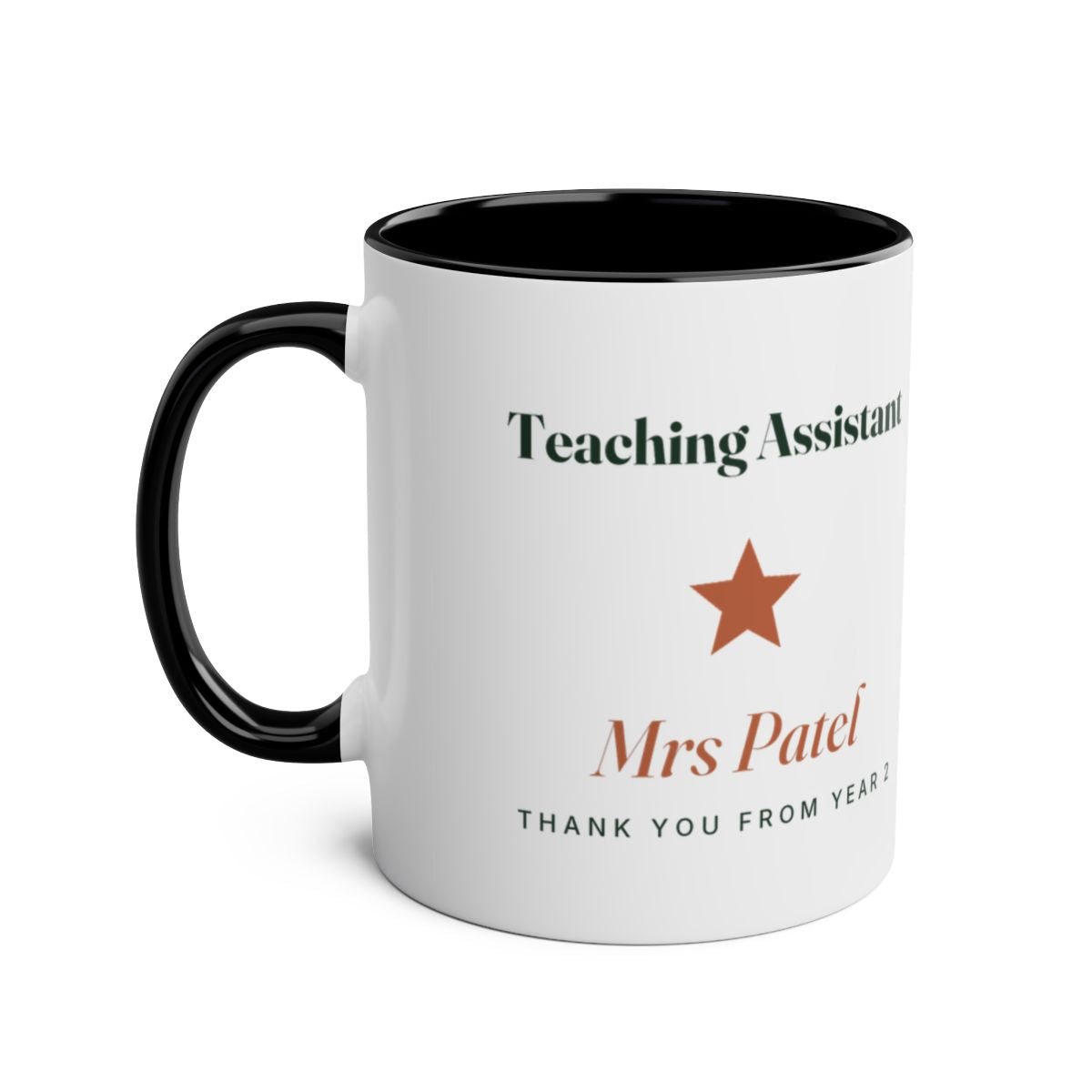 Teaching Assistant two-tone mug mock-up, black, handle on the left, star, sample name 'Mrs Patel', 'Thank you from Year 2'
