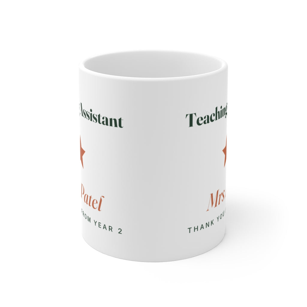 Teaching Assistant mug mock-up with the handle hidden behind, the star print partly showing at each edge