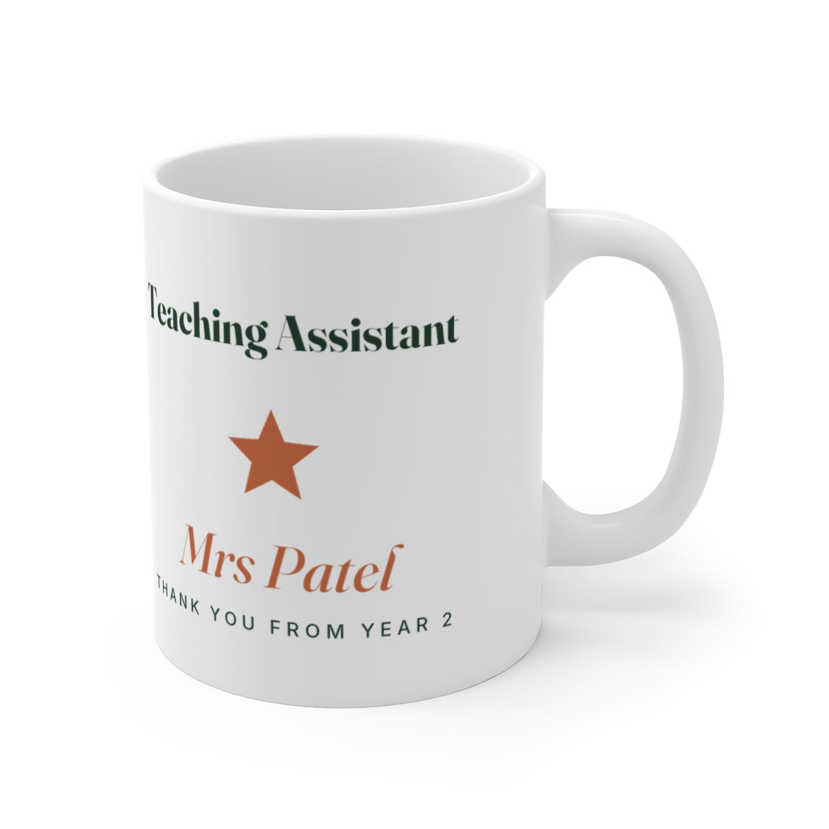 Teaching Assistant mug mock-up with the handle on the right, showing the star, 'Mrs Patel' and 'Thank you from Year 2'