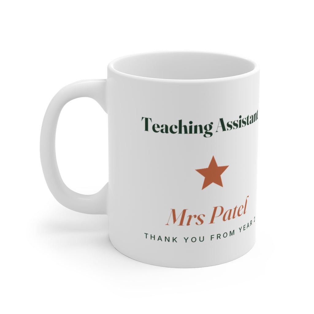 Personalised Teaching Assistant mug mock-up, handle on the left, with an orange star, 'Mrs Patel' and 'Thank you from Year 2'