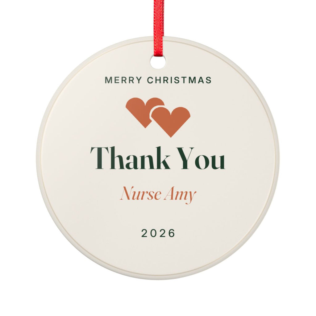 Thank You ceramic Christmas ornament mock-up, round with a red ribbon, two orange hearts, 'Nurse Amy' and '2026'