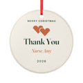 Thank You ceramic Christmas ornament mock-up, round with a red ribbon, two orange hearts, 'Nurse Amy' and '2026'