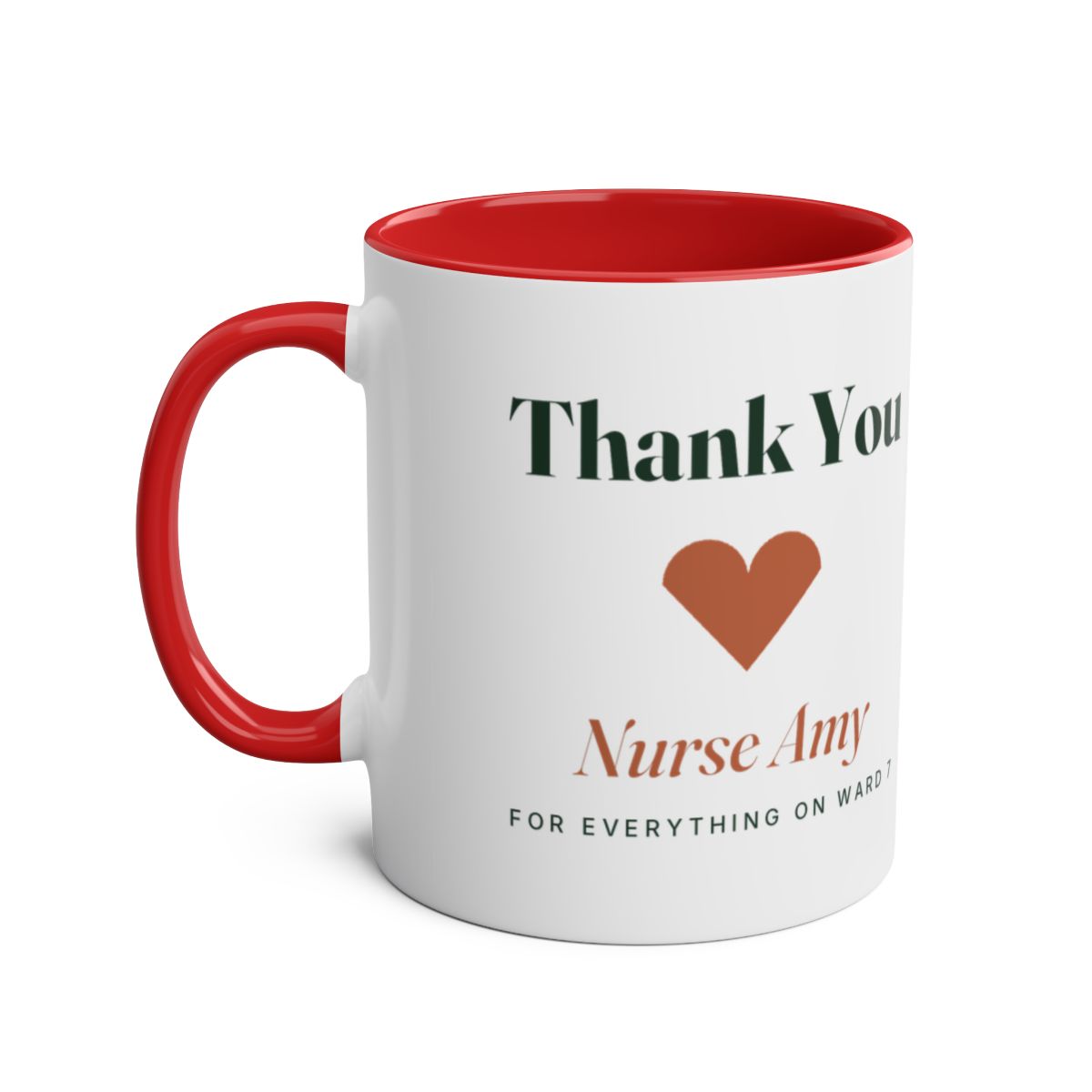 Personalised two-tone thank you mug mock-up with a red inside and handle, heart, sample name 'Nurse Amy' and 'Ward 7' line