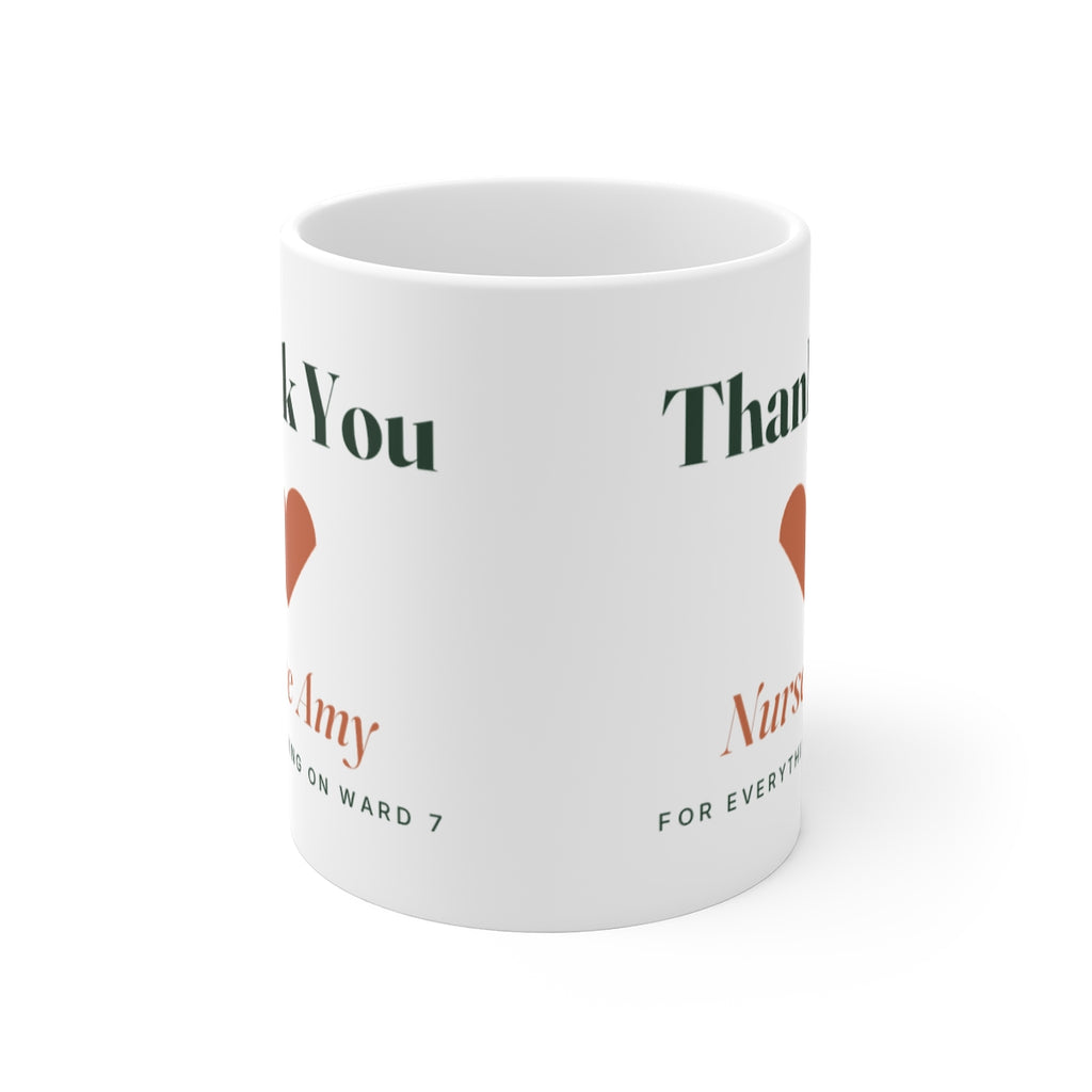 Personalised thank you mug mock-up seen from the front with the handle hidden, showing the print wraps round both sides