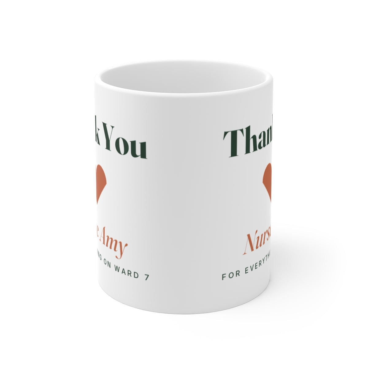 Personalised thank you mug mock-up seen from the front with the handle hidden, showing the print wraps round both sides