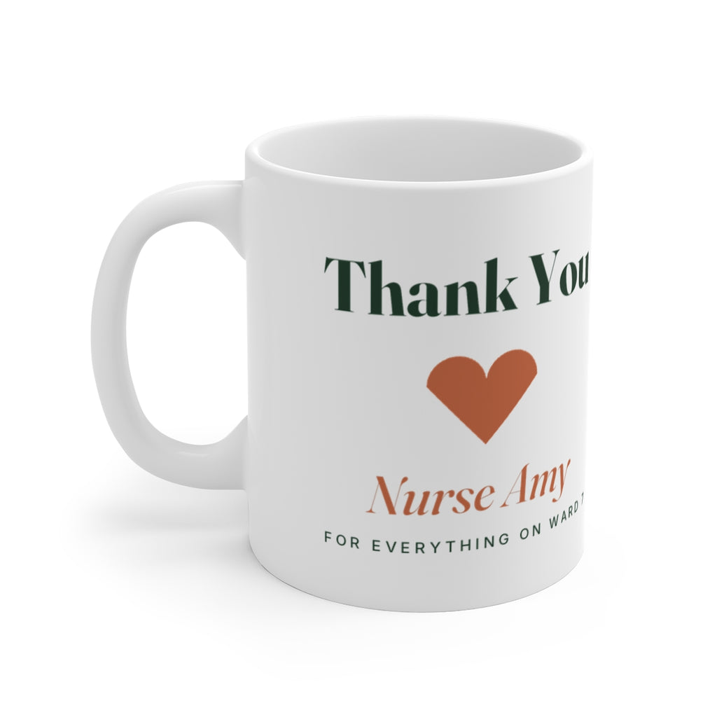 Personalised thank you mug mock-up with a heart, sample name 'Nurse Amy' and 'For everything on Ward 7', handle on the left