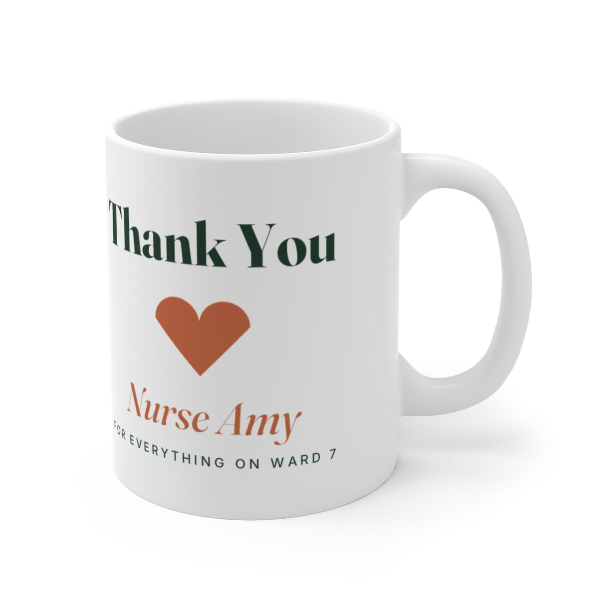 Personalised thank you mug mock-up from the other side, handle on the right, showing the heart and 'Nurse Amy' print