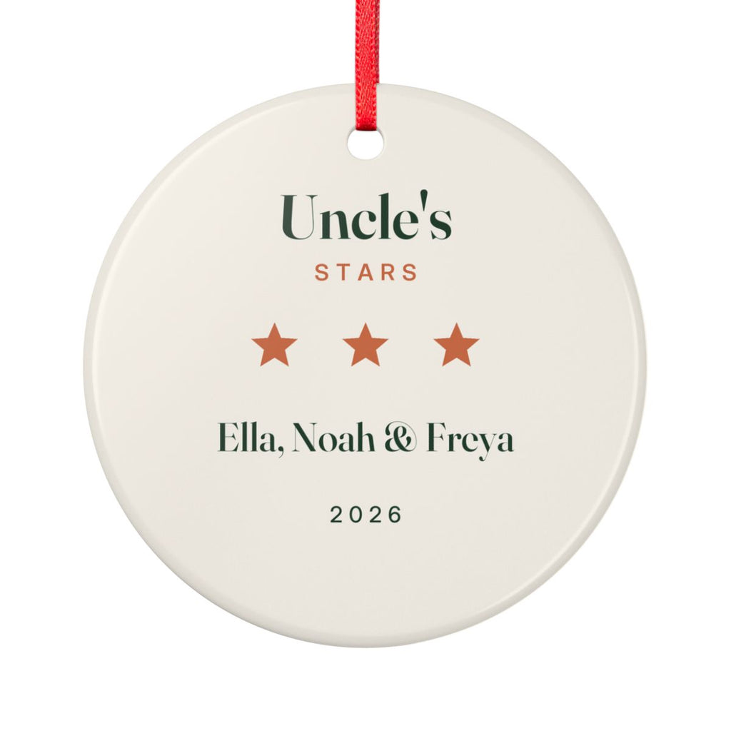 Personalised Uncle's Stars ceramic Christmas ornament mock-up with three orange stars, 'Ella, Noah & Freya' and '2026'