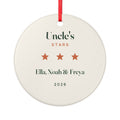 Personalised Uncle's Stars ceramic Christmas ornament mock-up with three orange stars, 'Ella, Noah & Freya' and '2026'