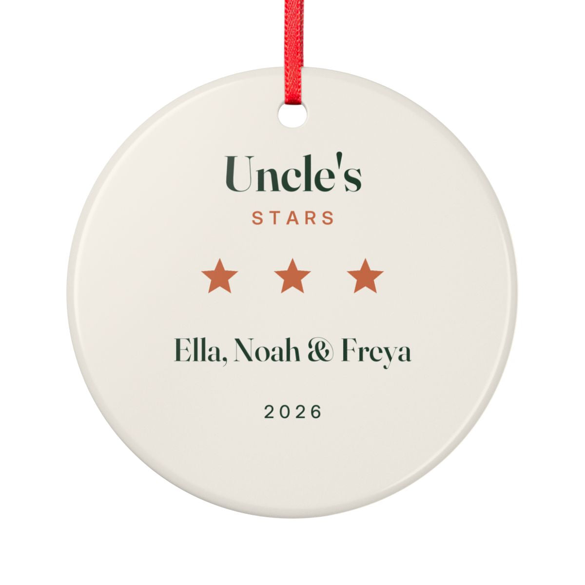 Personalised Uncle's Stars ceramic Christmas ornament mock-up with three orange stars, 'Ella, Noah & Freya' and '2026'