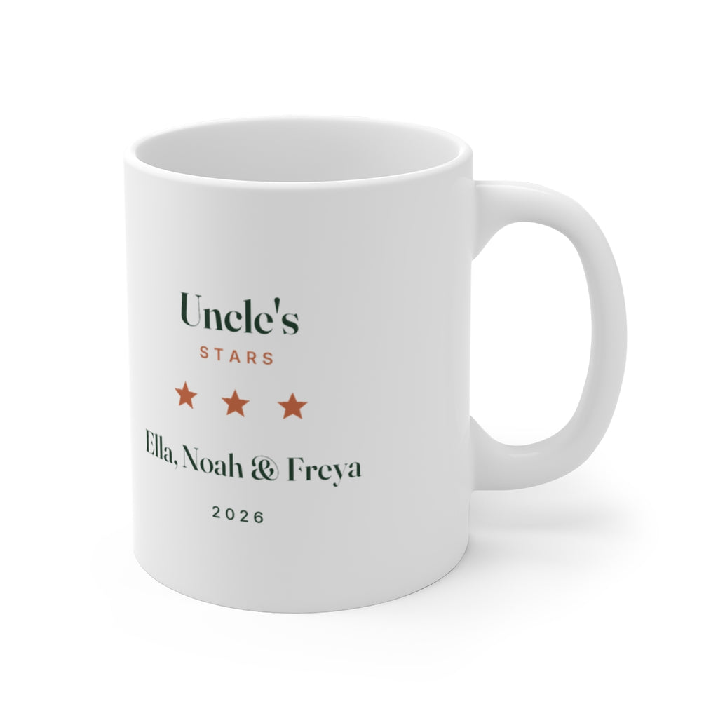 Personalised Uncle's Stars mug mock-up from the other side, handle on the right, showing the stars and names print