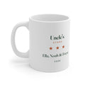Personalised Uncle's Stars mug mock-up with three orange stars, sample names 'Ella, Noah & Freya' and '2026'