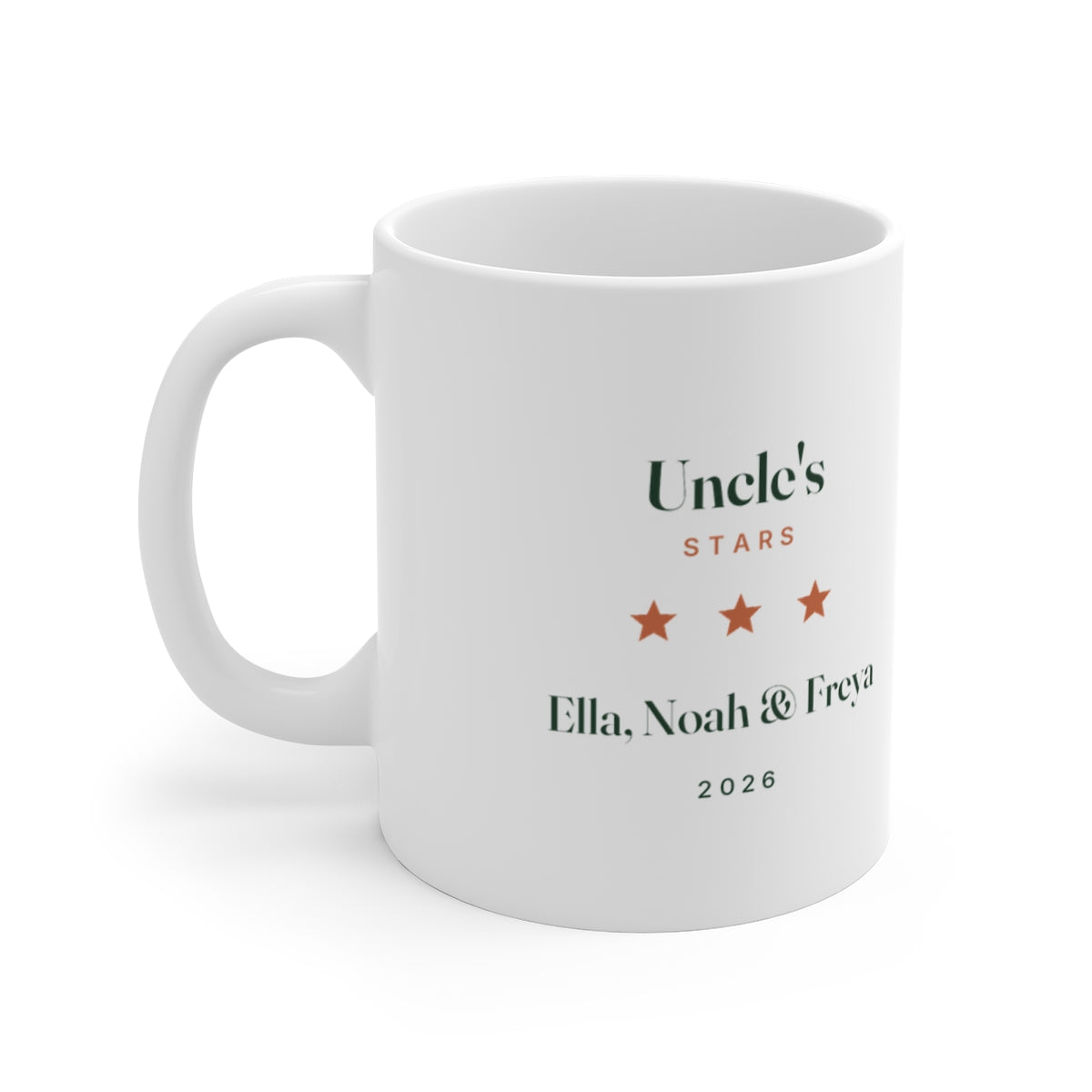 Personalised Uncle's Stars mug mock-up with three orange stars, sample names 'Ella, Noah & Freya' and '2026'