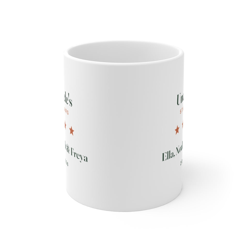 Personalised Uncle's Stars mug mock-up straight on with the handle hidden, showing the design printed on both sides