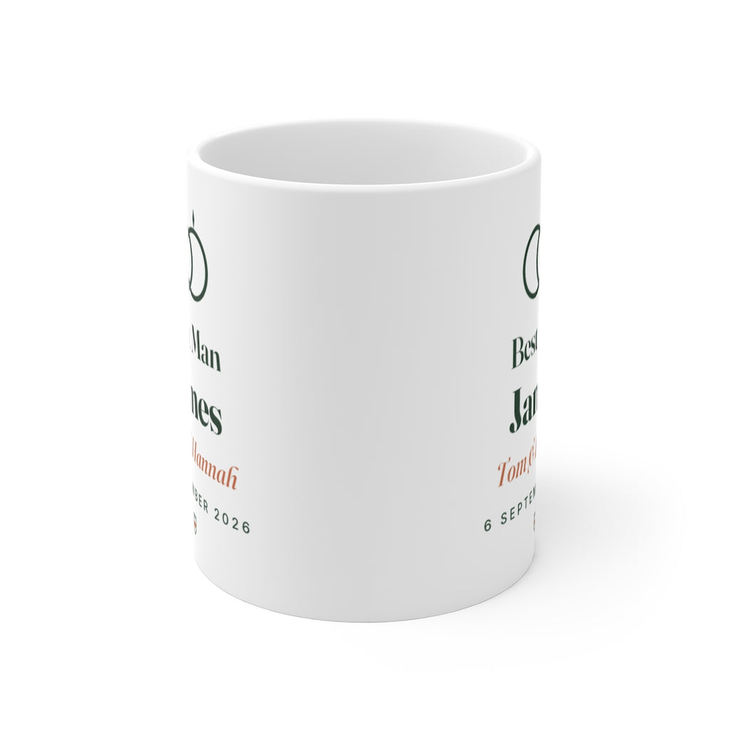 Personalised wedding party mug mock-up straight on with the handle hidden, showing the design printed on both sides