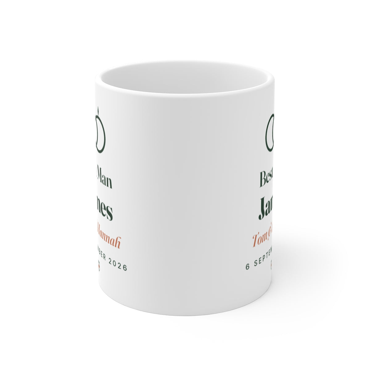 Personalised wedding party mug mock-up straight on with the handle hidden, showing the design printed on both sides