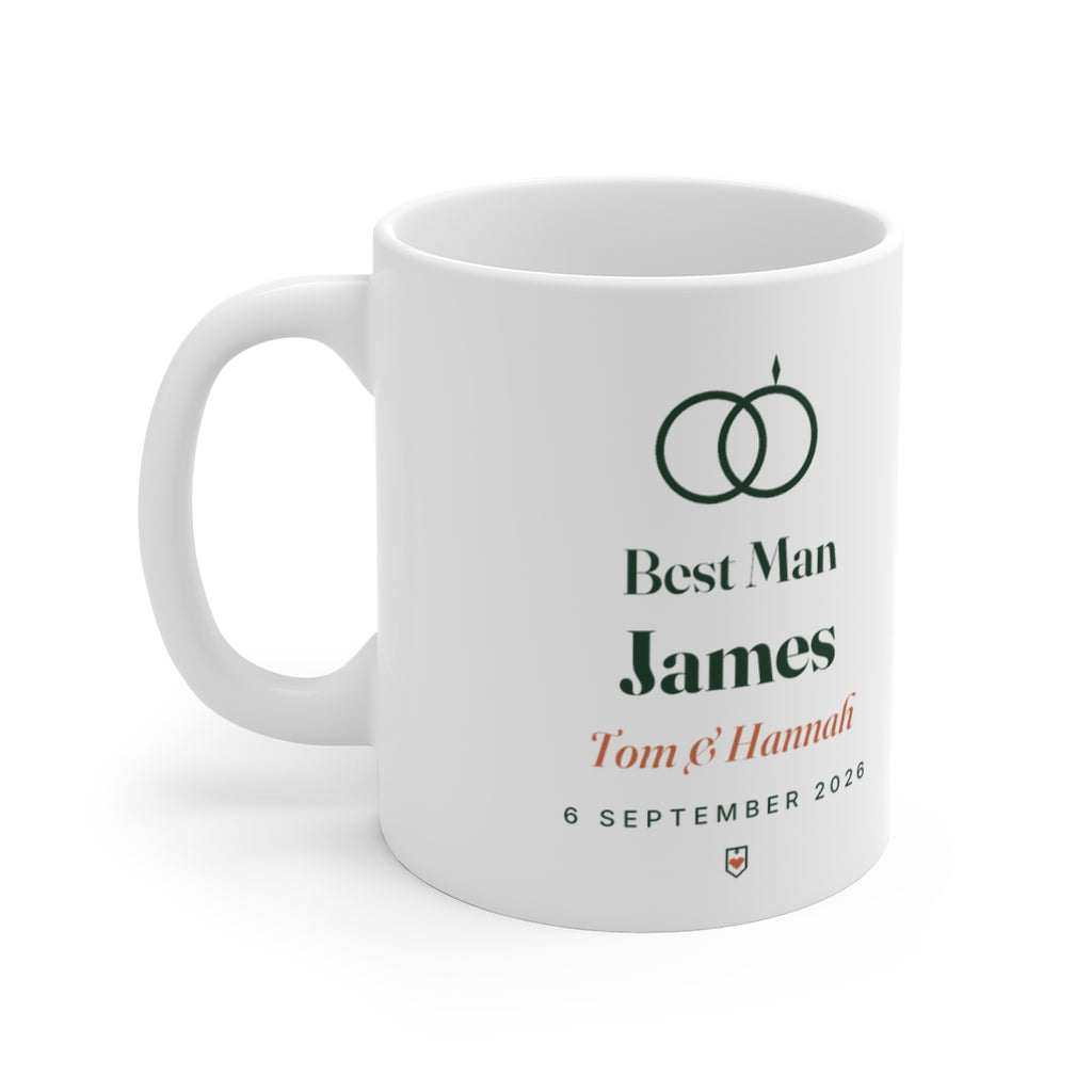 Personalised wedding party mug mock-up with linked rings, 'Best Man', sample name 'James', 'Tom & Hannah' and a date