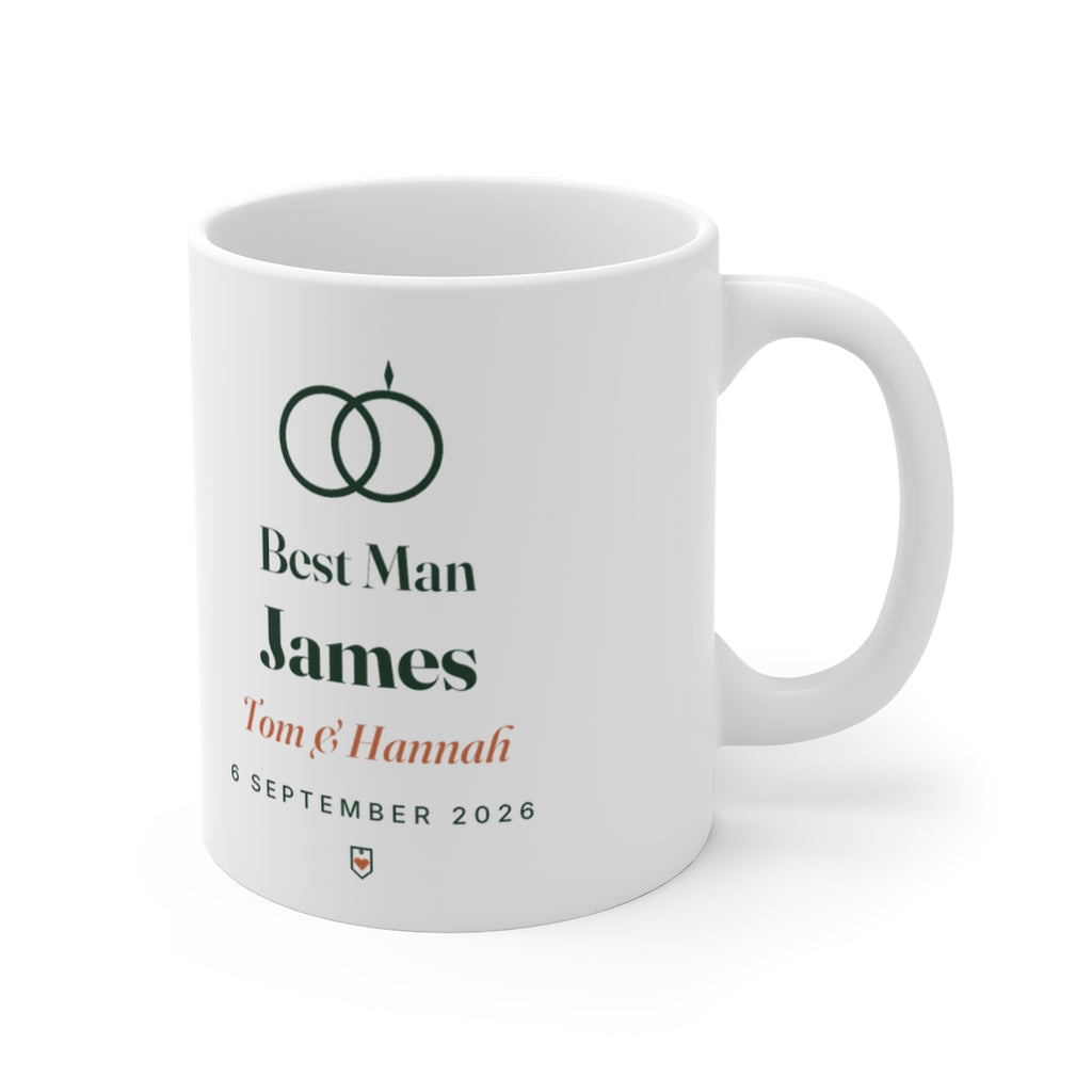 Personalised wedding party mug mock-up from the other side, handle on the right, with the rings and 'Best Man James' print