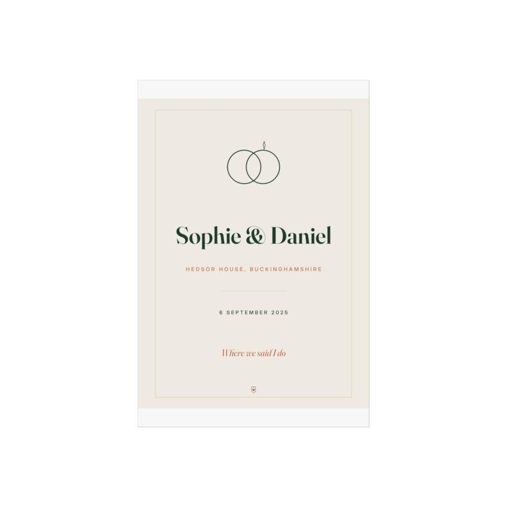 Personalised wedding print mock-up flat on a grey background with 'Sophie & Daniel', the venue, date and 'Where we said I do'