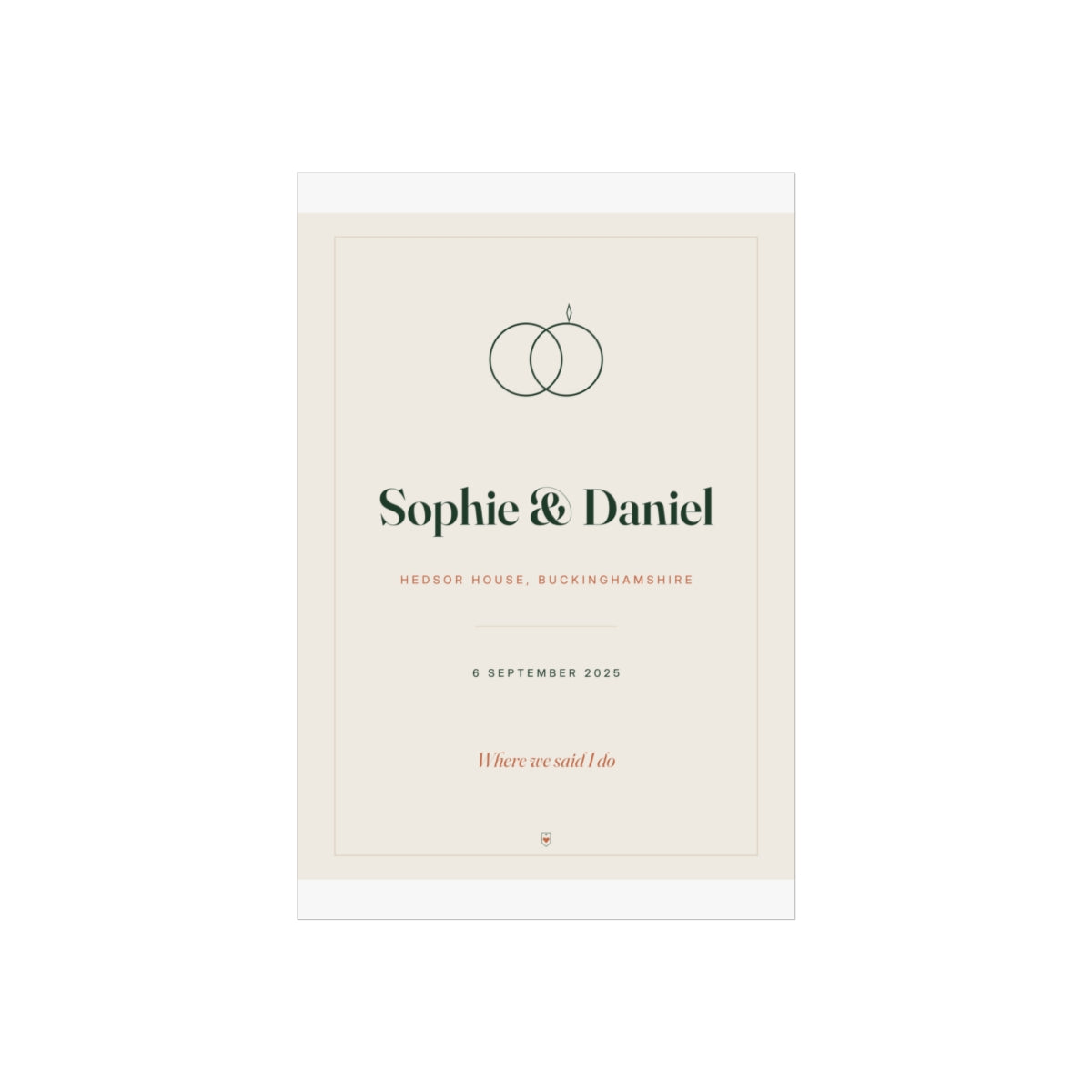 Personalised wedding print mock-up flat on a grey background with 'Sophie & Daniel', the venue, date and 'Where we said I do'