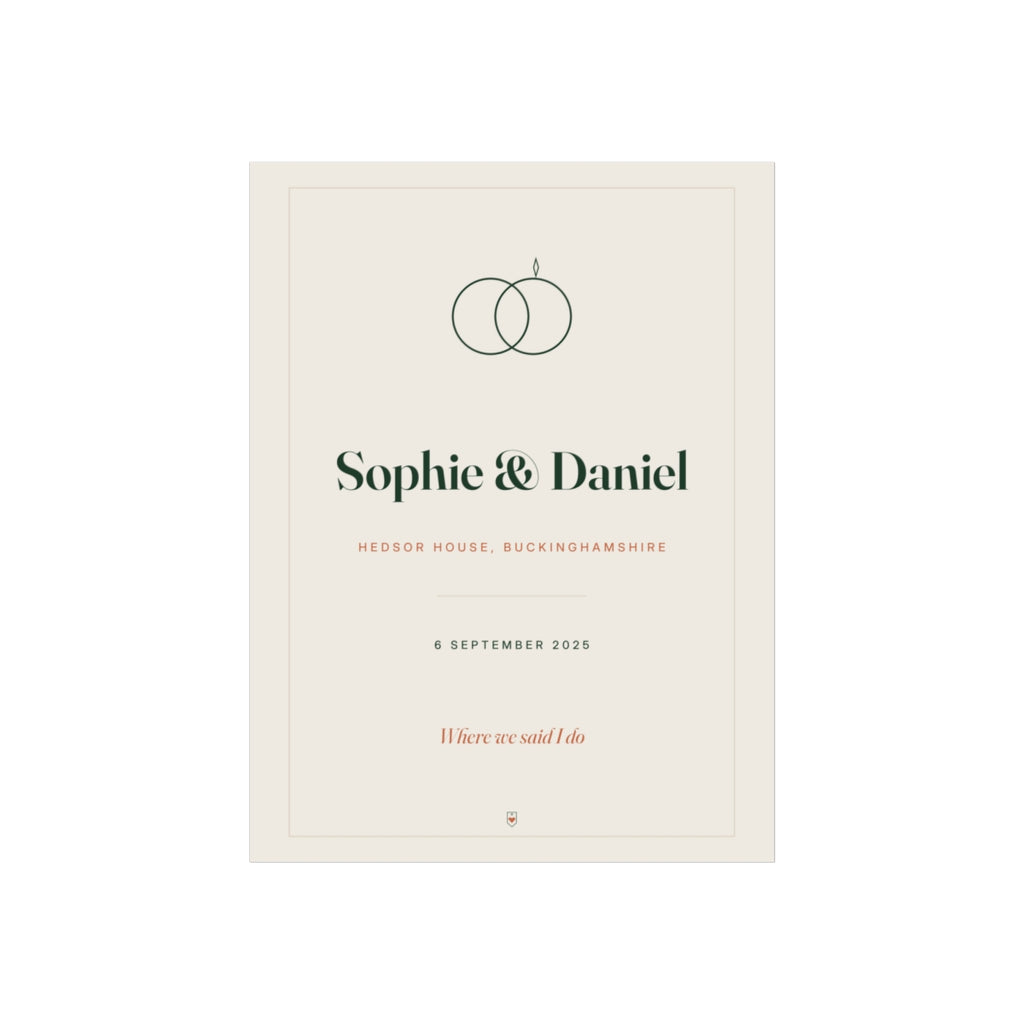 Personalised wedding print mock-up with linked rings, 'Sophie & Daniel', 'Hedsor House', a date and 'Where we said I do'