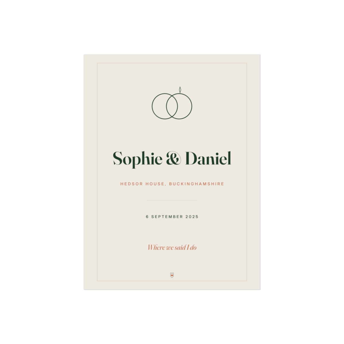 Personalised wedding print mock-up with linked rings, 'Sophie & Daniel', 'Hedsor House', a date and 'Where we said I do'