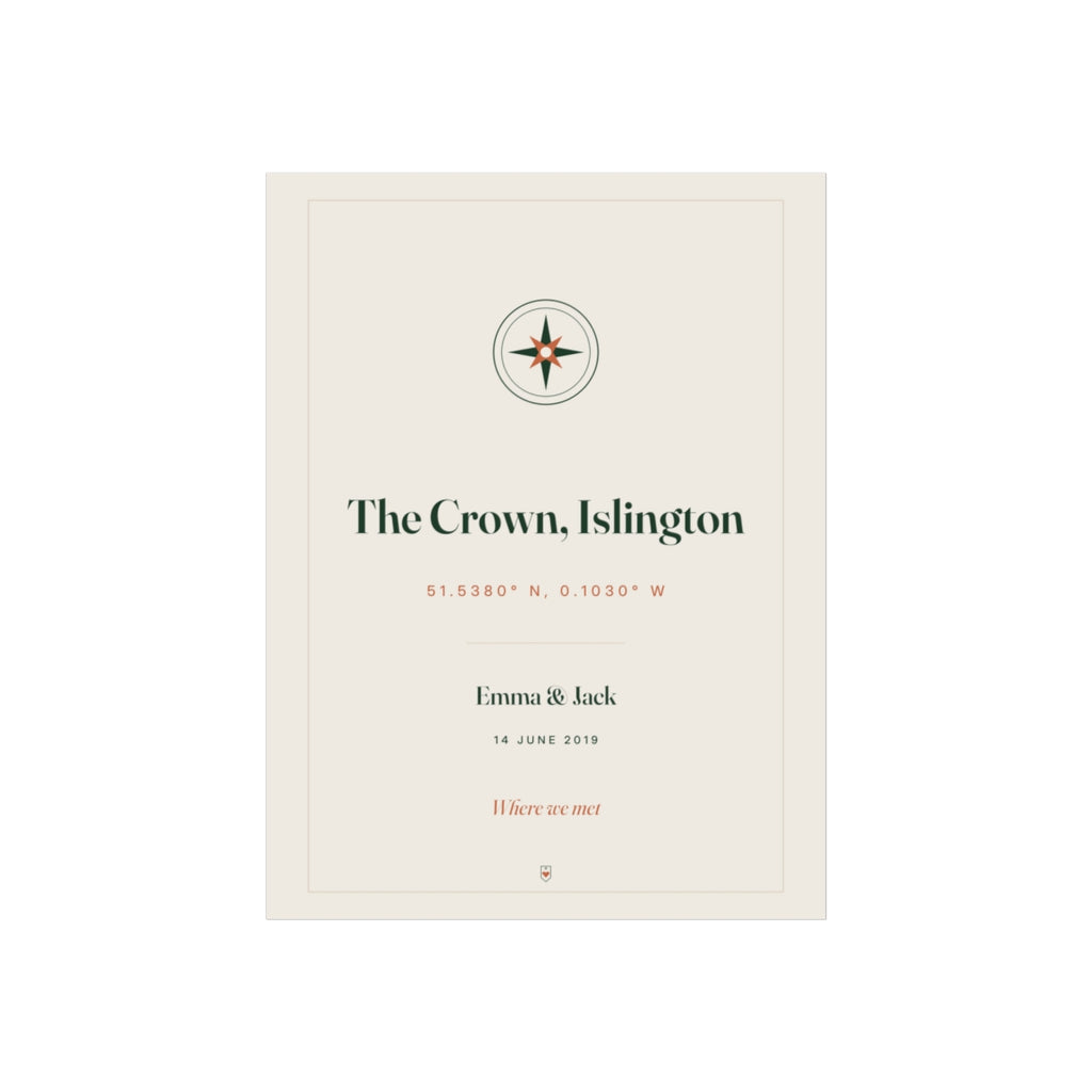 Personalised where we met coordinates print mock-up with a compass rose, 'The Crown, Islington' and 'Emma & Jack'