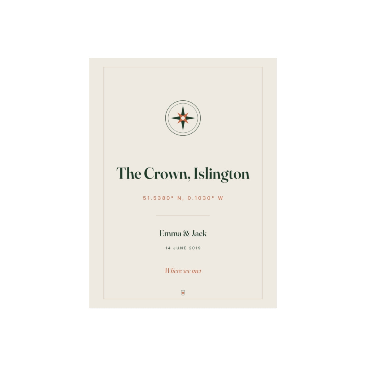 Personalised where we met coordinates print mock-up with a compass rose, 'The Crown, Islington' and 'Emma & Jack'