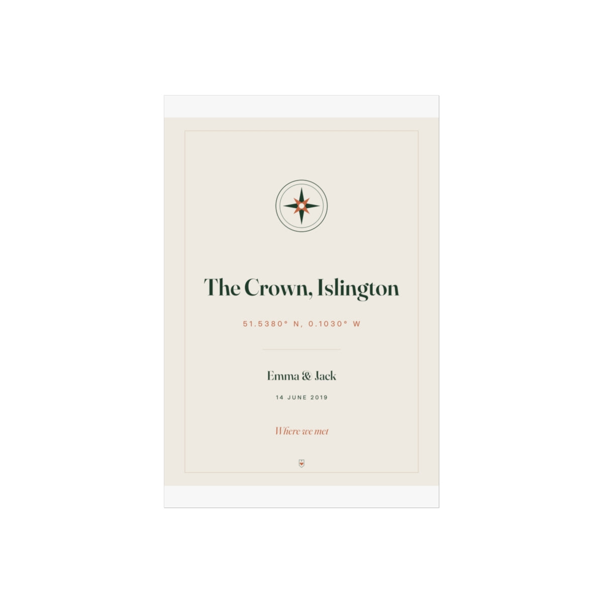 Personalised coordinates print mock-up flat on a grey background, compass rose, 'The Crown, Islington' and 'Emma & Jack'