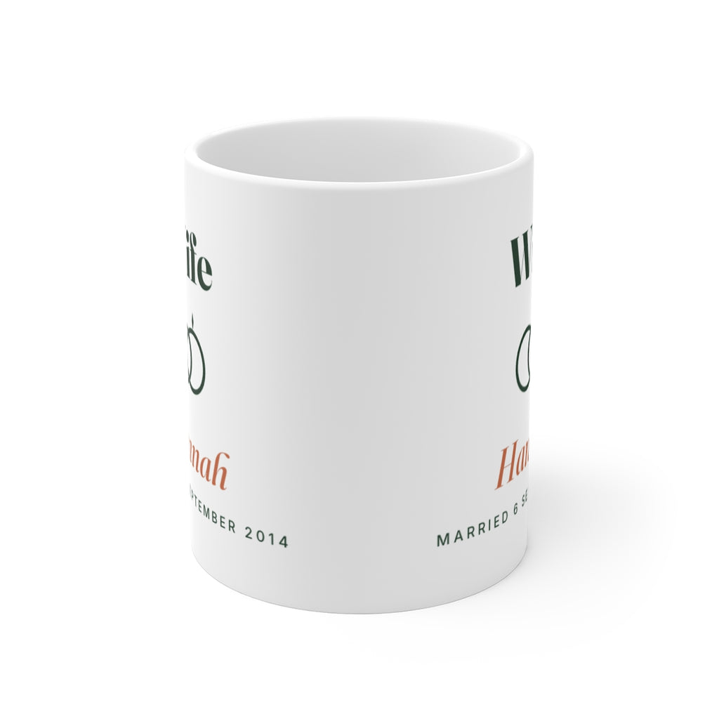 Personalised Wife mug mock-up straight on with the handle hidden, showing the design printed on both sides