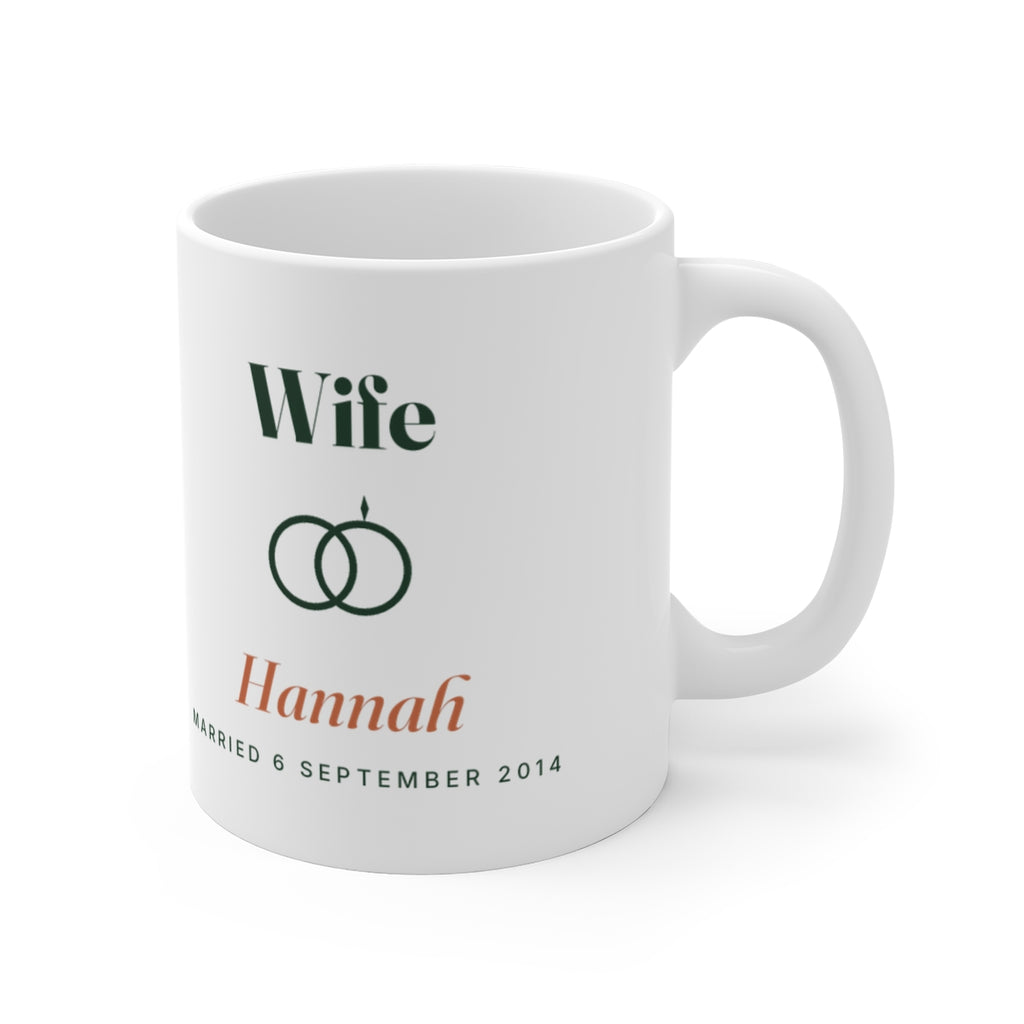Personalised Wife mug mock-up from the other side, handle on the right, showing the rings and 'Hannah' print in full