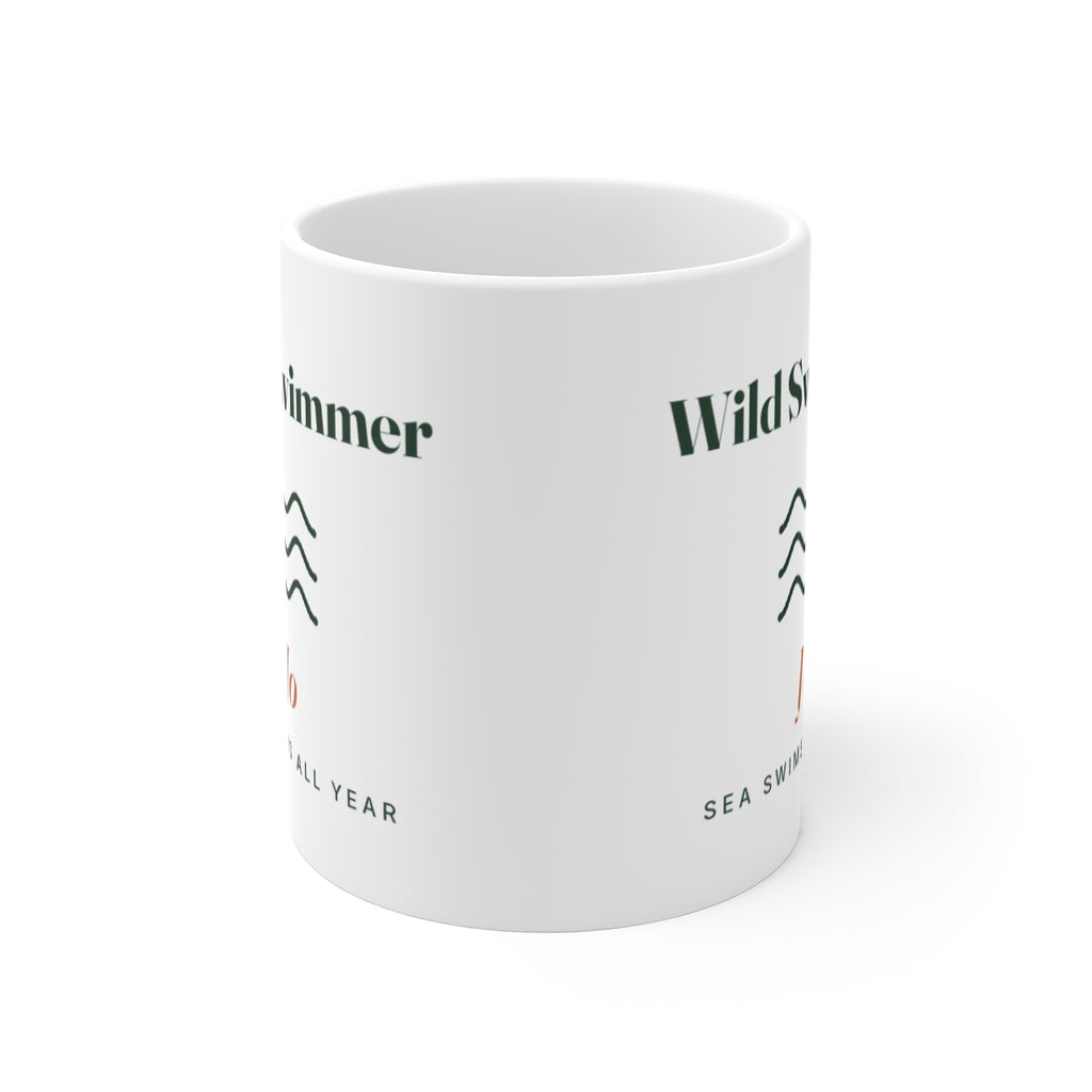 Personalised Wild Swimmer mug mock-up straight on with the handle hidden, showing the design printed on both sides