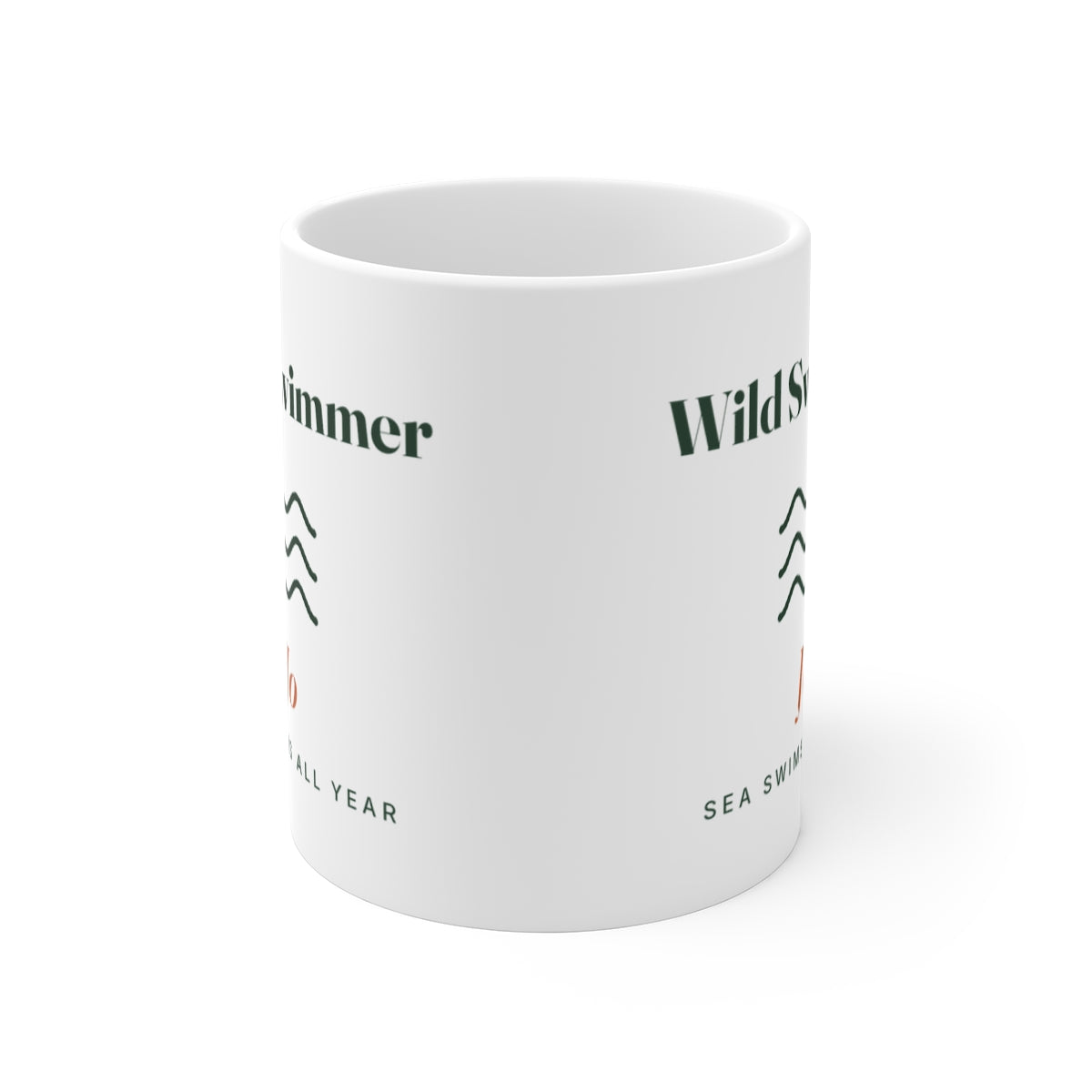 Personalised Wild Swimmer mug mock-up straight on with the handle hidden, showing the design printed on both sides