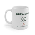 Personalised Wild Swimmer mug mock-up with three wavy lines, sample name 'Jo' and 'Sea swims all year', handle on the left